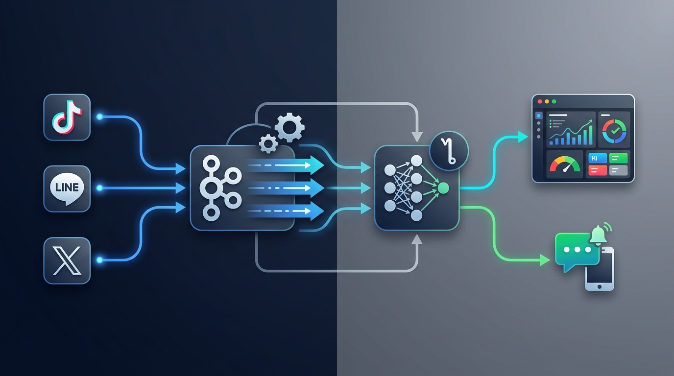 Technical architecture diagram showing a real-time data ingestion pipeline. Data flows from TikTok, LINE, and X APIs into an Apache Kafka stream, then processed by a Thai NLP Transformer AI model, outputting sentiment scores to a business intelligence dashboard and triggering a LINE Notify alert.