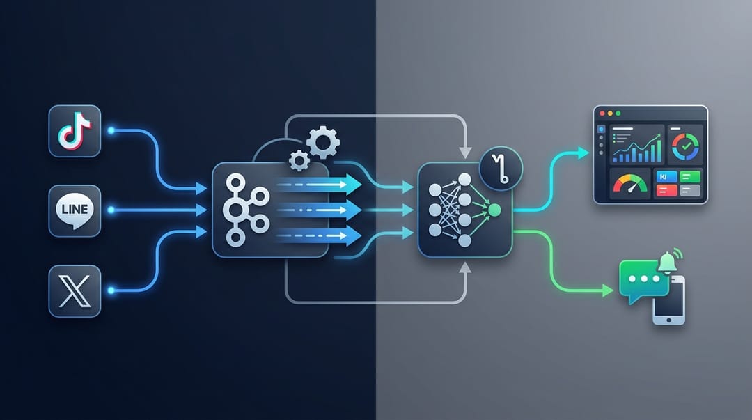 Technical architecture diagram showing a real-time data ingestion pipeline. Data flows from TikTok, LINE, and X APIs into an Apache Kafka stream, then processed by a Thai NLP Transformer AI model, outputting sentiment scores to a business intelligence dashboard and triggering a LINE Notify alert.