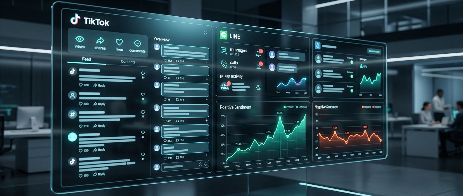 A futuristic digital dashboard displaying Thai text from TikTok and LINE interfaces, with glowing sentiment analysis charts indicating positive and negative trends in real-time, professional corporate aesthetic