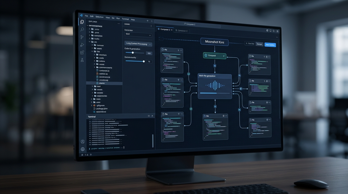 High-tech UI of Cursor IDE displaying a massive enterprise codebase directory on the left, with the Composer 2 interface orchestrating multi-file code generation using the Moonshot Kimi model in a dark-themed developer environment, highlighting long context processing