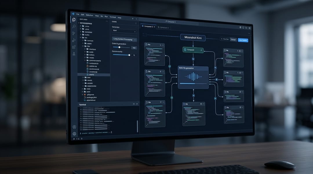 High-tech UI of Cursor IDE displaying a massive enterprise codebase directory on the left, with the Composer 2 interface orchestrating multi-file code generation using the Moonshot Kimi model in a dark-themed developer environment, highlighting long context processing