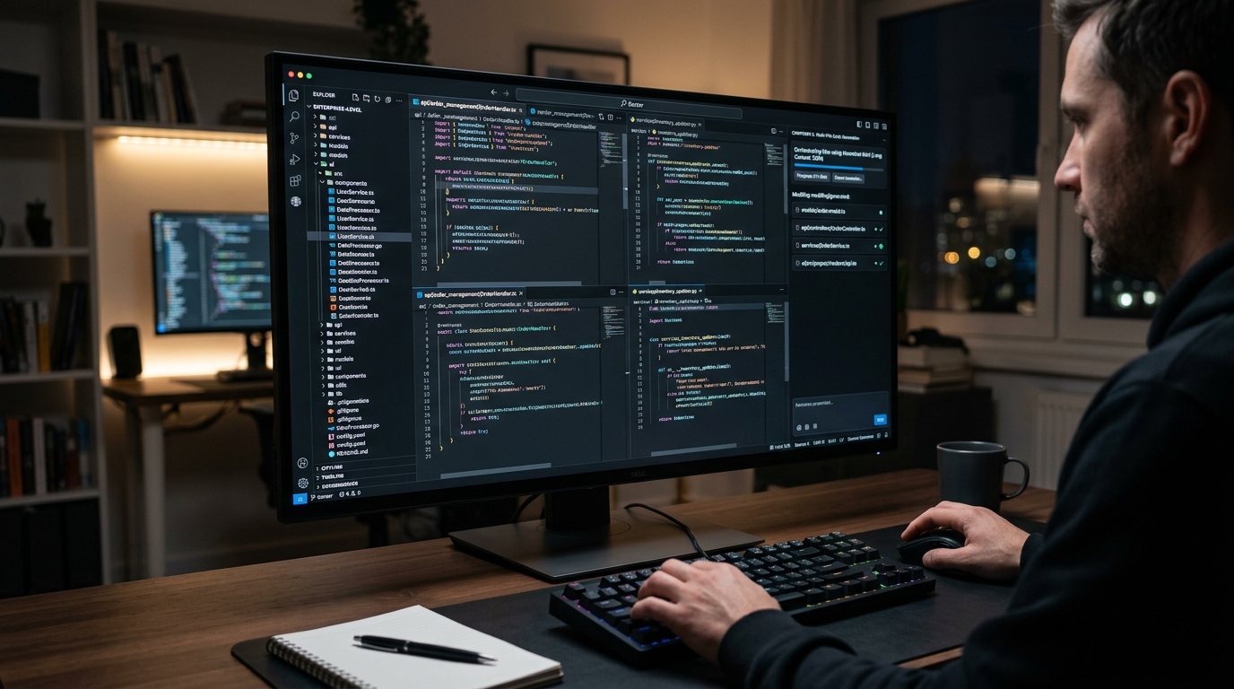 High-tech UI of Cursor IDE displaying a massive enterprise codebase directory on the left, with the Composer 2 interface orchestrating multi-file code generation using the Moonshot Kimi model in a dark-themed developer environment, highlighting long context processing