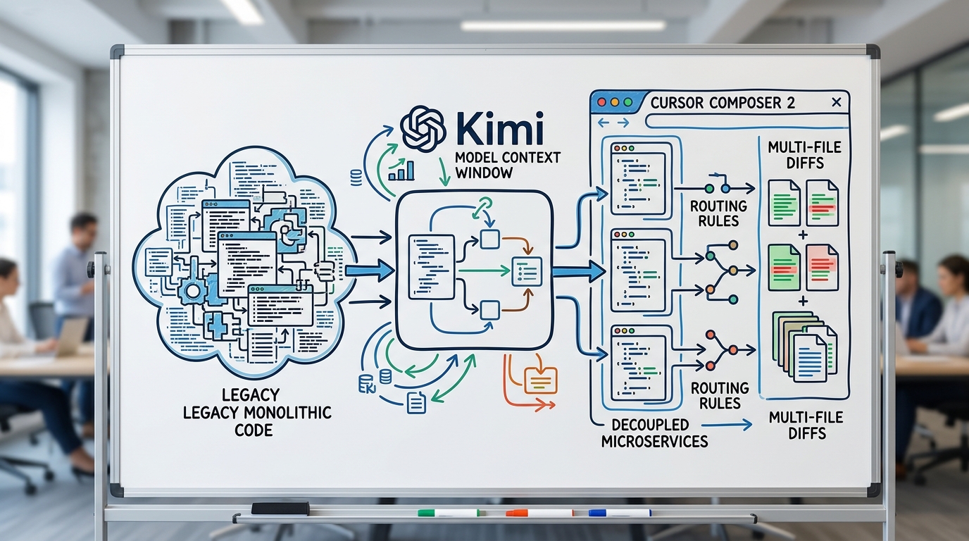 Architectural flowchart showing legacy monolithic code being ingested by the Kimi model context window, mapped logically, and outputted as decoupled microservices with specific routing rules via Cursor Composer 2 multi-file diffs