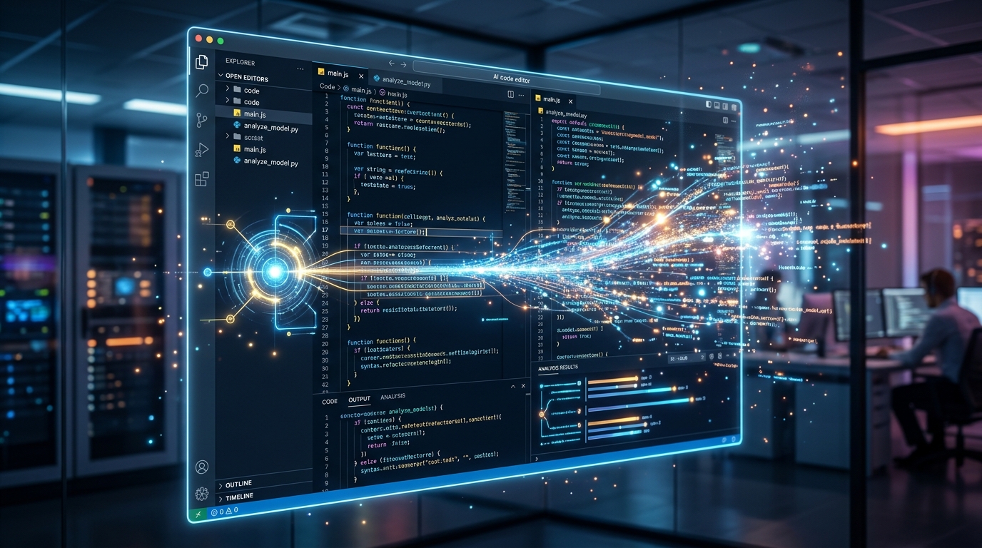 A futuristic and highly technical visualization of an AI code editor interface merging with a glowing data stream, representing the Cursor Kimi Model analyzing thousands of lines of enterprise code.