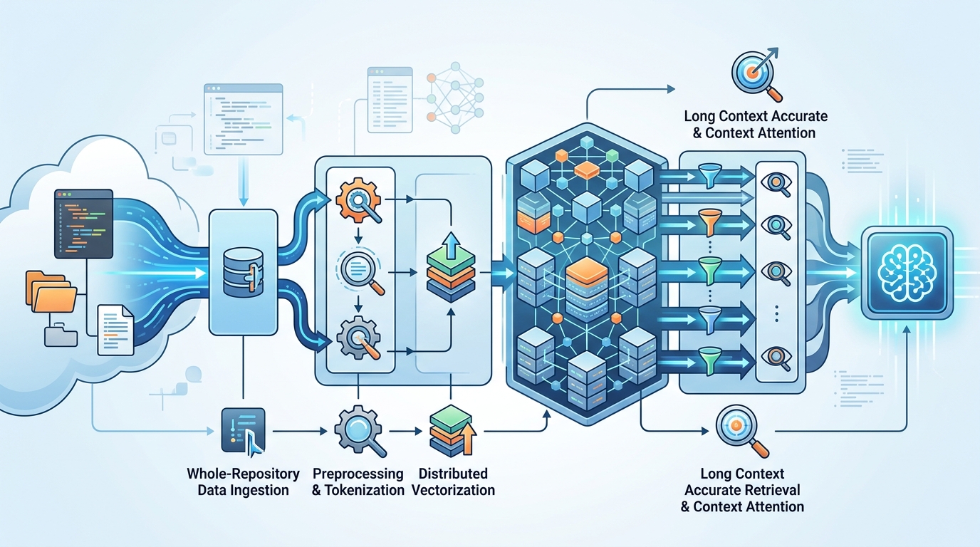 A technical system design diagram illustrating a massive 2-million token long context window pipeline, showing whole-repository data ingestion, vectorization, and accurate retrieval inside the Moonshot AI Kimi model.