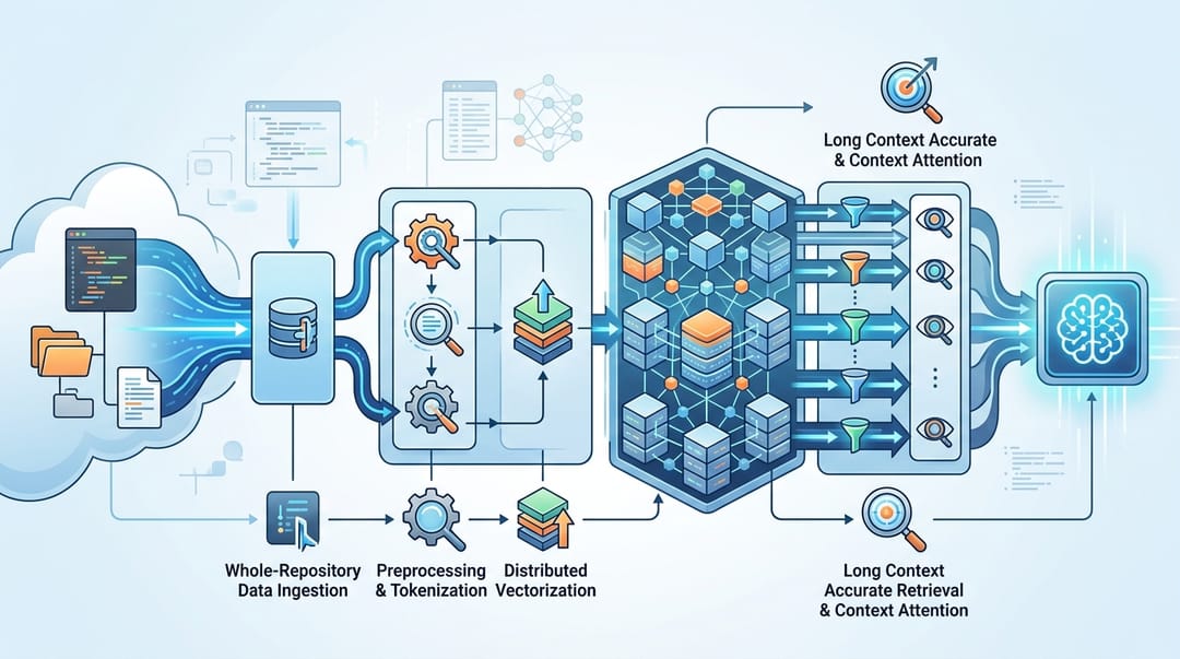 A technical system design diagram illustrating a massive 2-million token long context window pipeline, showing whole-repository data ingestion, vectorization, and accurate retrieval inside the Moonshot AI Kimi model.