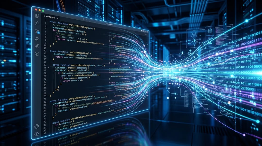 A futuristic and highly technical visualization of an AI code editor interface merging with a glowing data stream, representing the Cursor Kimi Model analyzing thousands of lines of enterprise code.