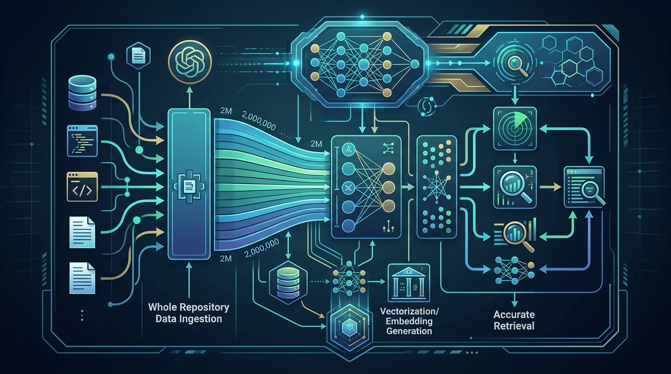 A technical system design diagram illustrating a massive 2-million token long context window pipeline, showing whole-repository data ingestion, vectorization, and accurate retrieval inside the Moonshot AI Kimi model.