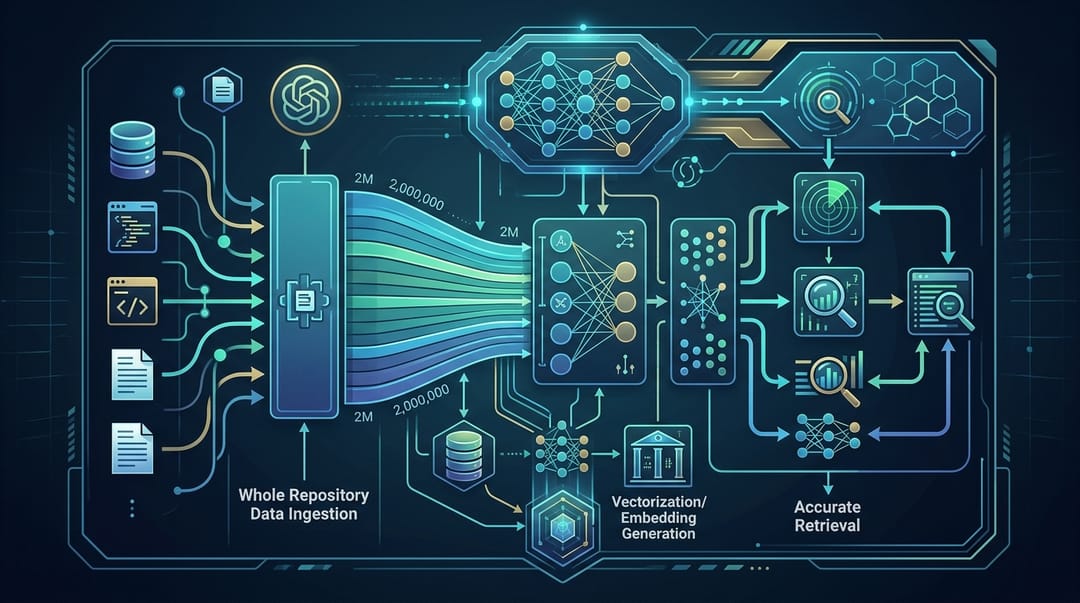 A technical system design diagram illustrating a massive 2-million token long context window pipeline, showing whole-repository data ingestion, vectorization, and accurate retrieval inside the Moonshot AI Kimi model.