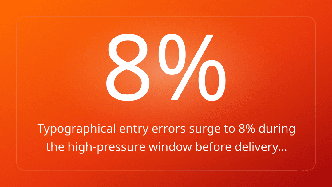 Typographical entry errors surge to 8% during the high-pressure window before delivery…