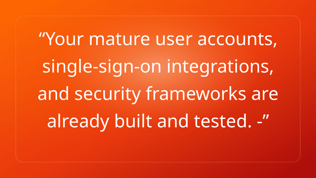 Your mature user accounts, single-sign-on integrations, and security framewor…