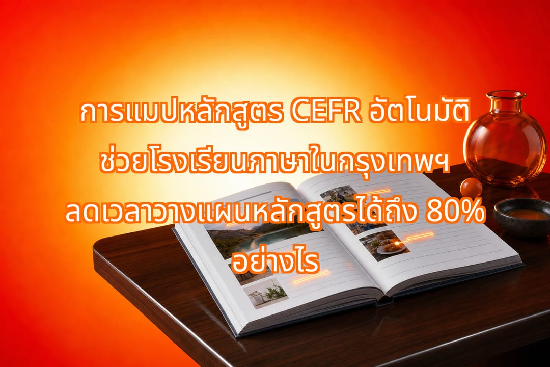 A premium printed CEFR language workbook on a dark teak wooden desk with glowing neon-orange coordinate lines highlighting words on the page