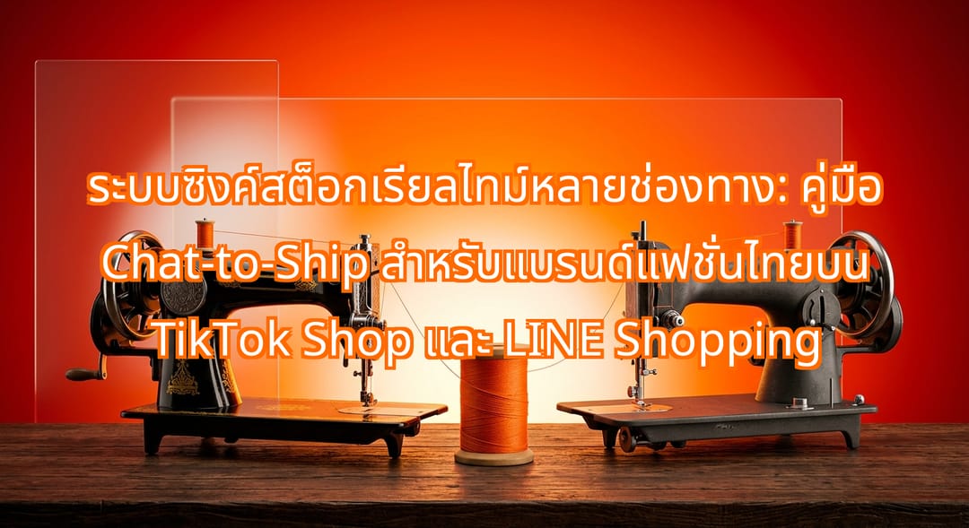 a single bright orange spool of thread connecting two vintage sewing machines on a dark wooden table