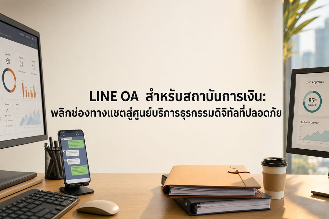 A loan officer's desk at a modern Bangkok financial firm, showing two computer monitors displaying loan approval dashboards and a smartphone resting on a stand showing an active financial chat interface, next to official application folders, shot from behind the desk with no faces visible.