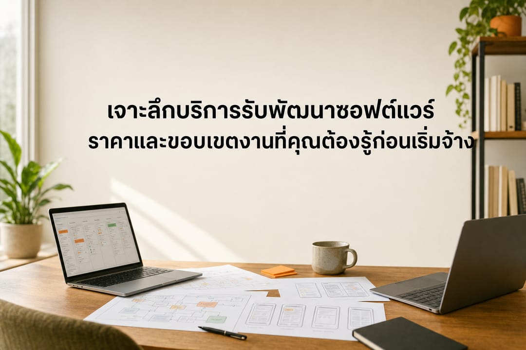 A modern office meeting table with detailed printed system architecture flowcharts, user interface wireframe sketches, and open laptops displaying project management sprint boards