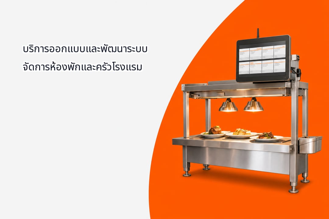 A modern commercial resort kitchen pass with a digital stainless steel order display terminal showing active meal tickets alongside freshly prepared plates under warm pendant lights