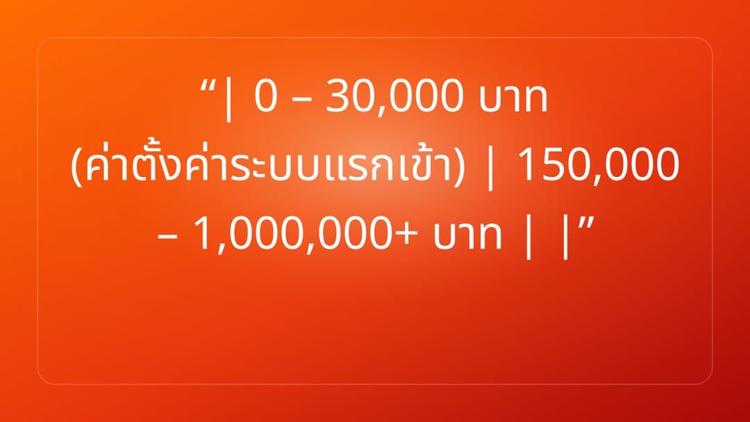 | 0 – 30,000 บาท ค่าตั้งค่าระบบแรกเข้า | 150,000 – 1,000,000+ บาท | |
